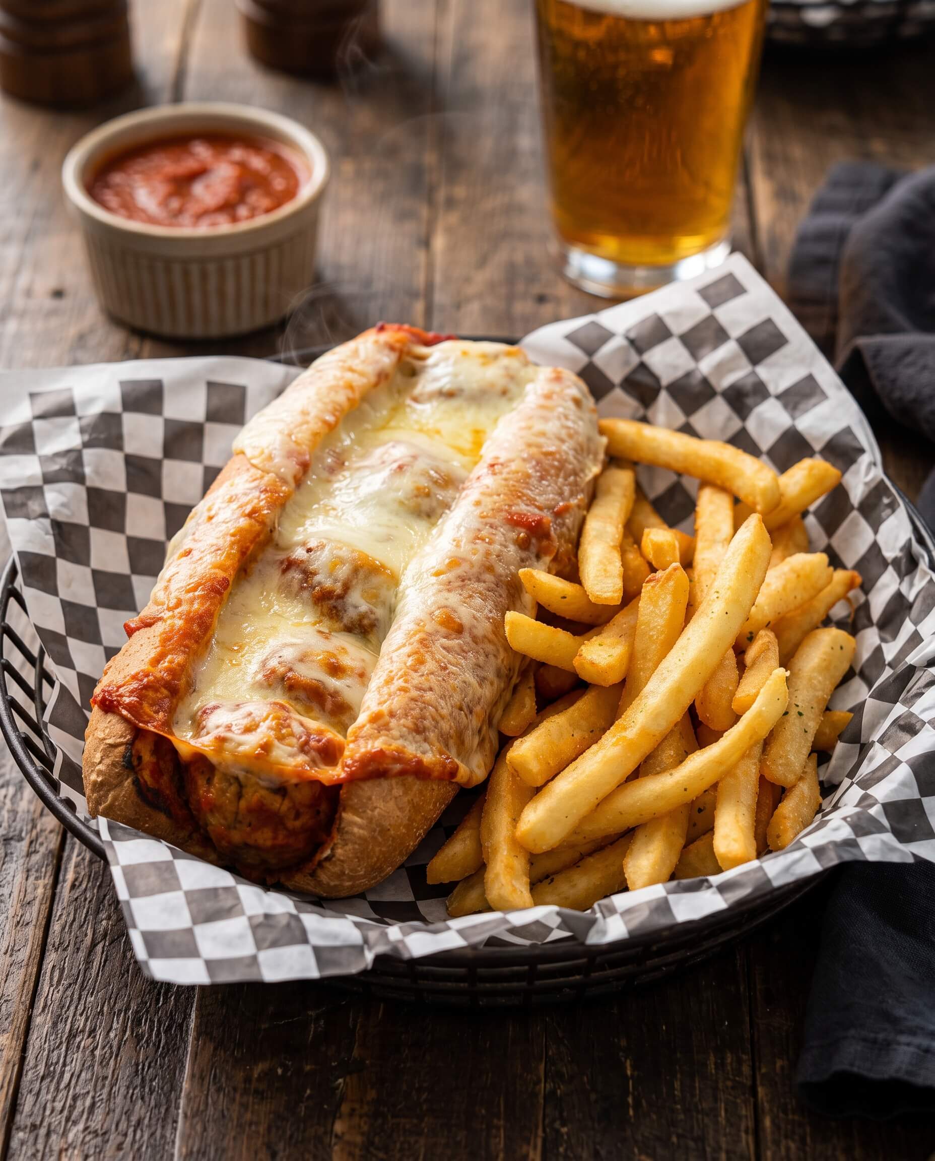 Italian meatball sub topped with melted mozzarella, served with fries
